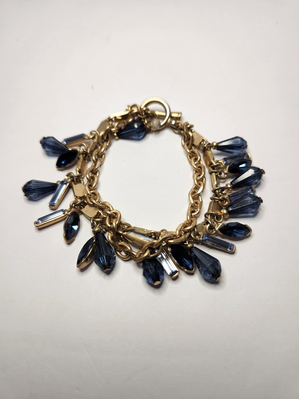 Kenneth Cole Gold Double Chain Bracelet w/ Blue Crystal Charms & Toggle Clasp